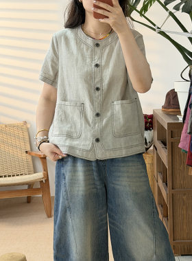 汉麻文艺百搭短袖圆领女士衬衫上衣外套675