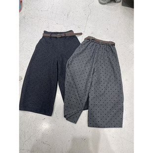 99117 女宽松直筒休闲裤 韩版 显瘦波点羊呢高腰阔腿八分裤