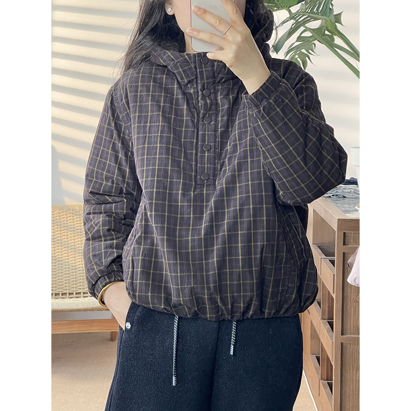 格子双面穿连帽半开领棉服女宽松休闲百搭显瘦保暖外套9689