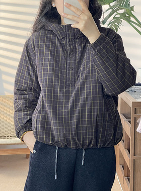 格子双面穿连帽半开领棉服女宽松休闲百搭显瘦保暖外套9689