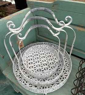 莫里斯花园 花园杂货实心铁花边套三手拎篮托盘老花架收纳