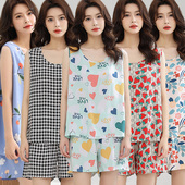 无袖 背心纯棉绸睡衣短袖 两件套装 夏季 女夏天吊带薄款 人造棉家居服