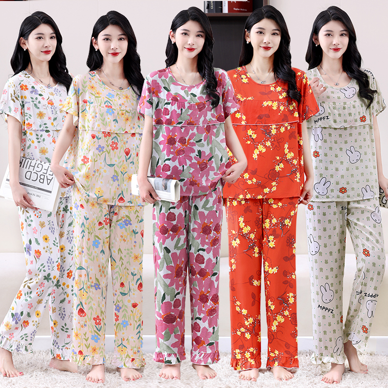 中老年人大码人造棉家居服中年妈妈棉绸睡衣女夏短袖长裤套装绵绸
