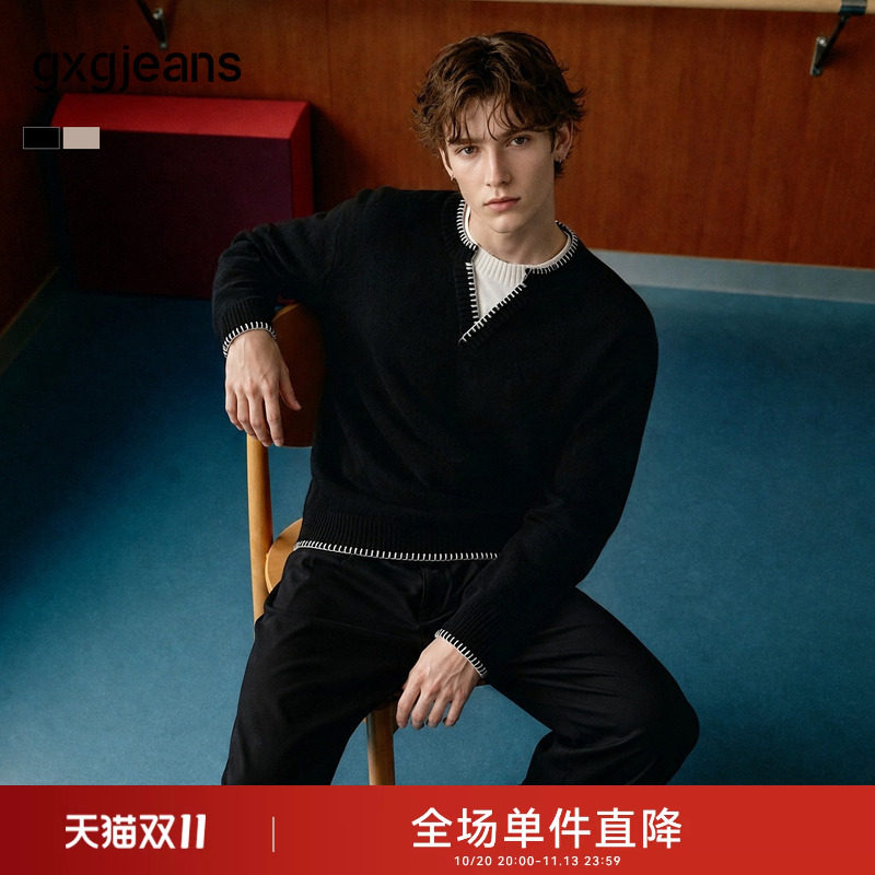 gxgjeans男装 撞色拼接假两件简约休闲亨利领毛衣线衫 26秋新品