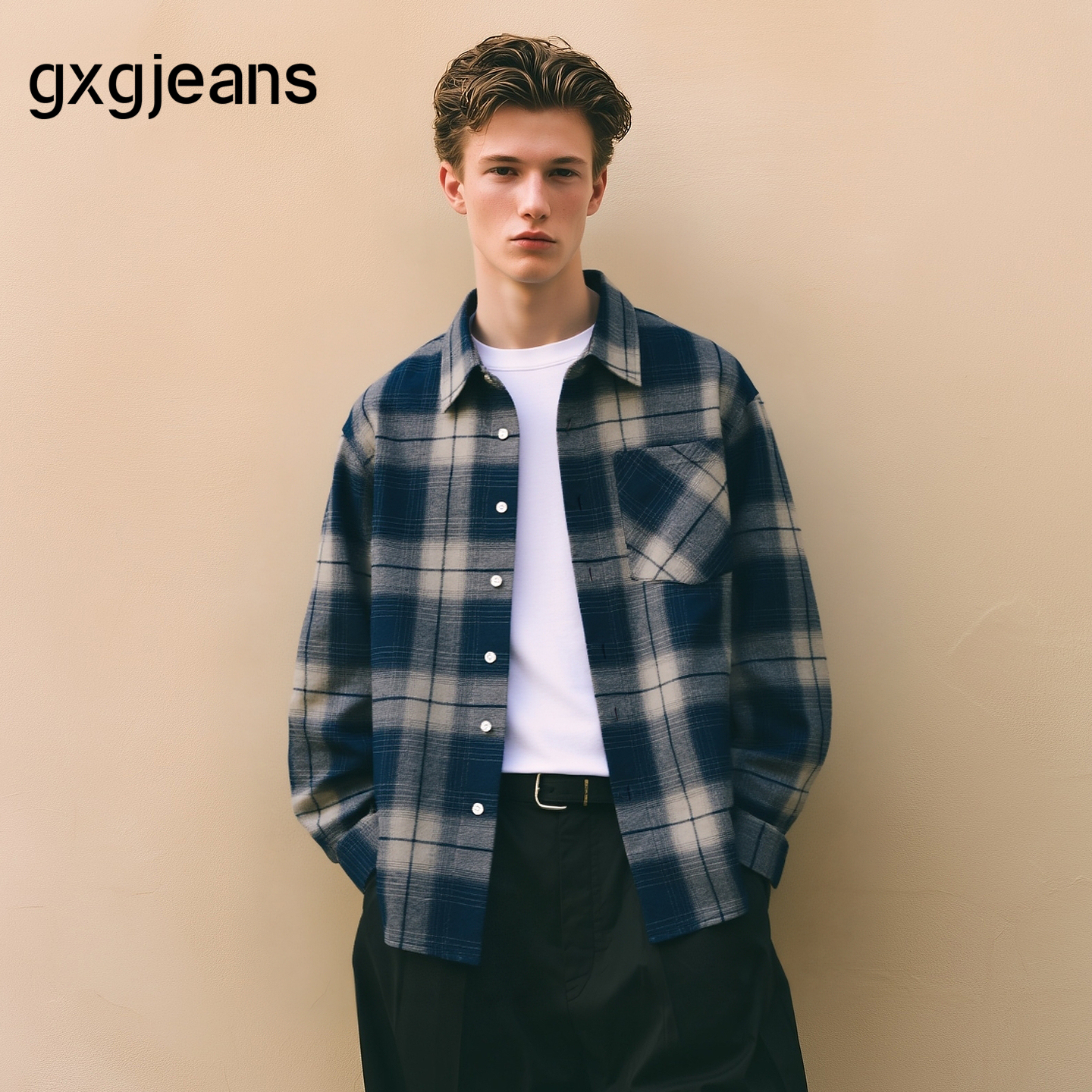 gxg.jeans男装 蓝色格纹简约通勤宽松长袖衬衫上衣男 25年秋新品