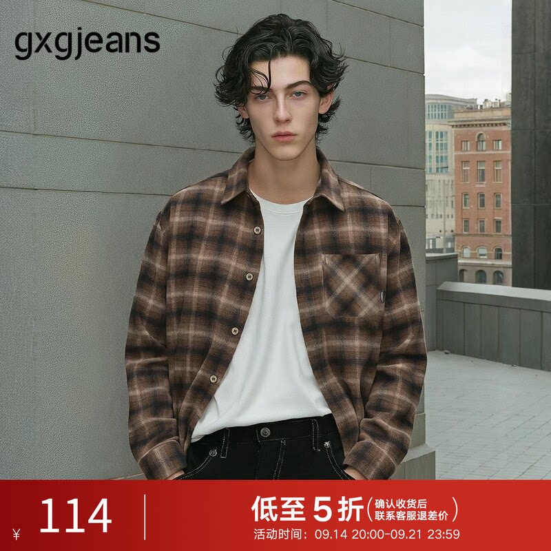 gxg.jeans男装 咖色格纹美式复古宽松长袖衬衫外套男 25年秋新品图片