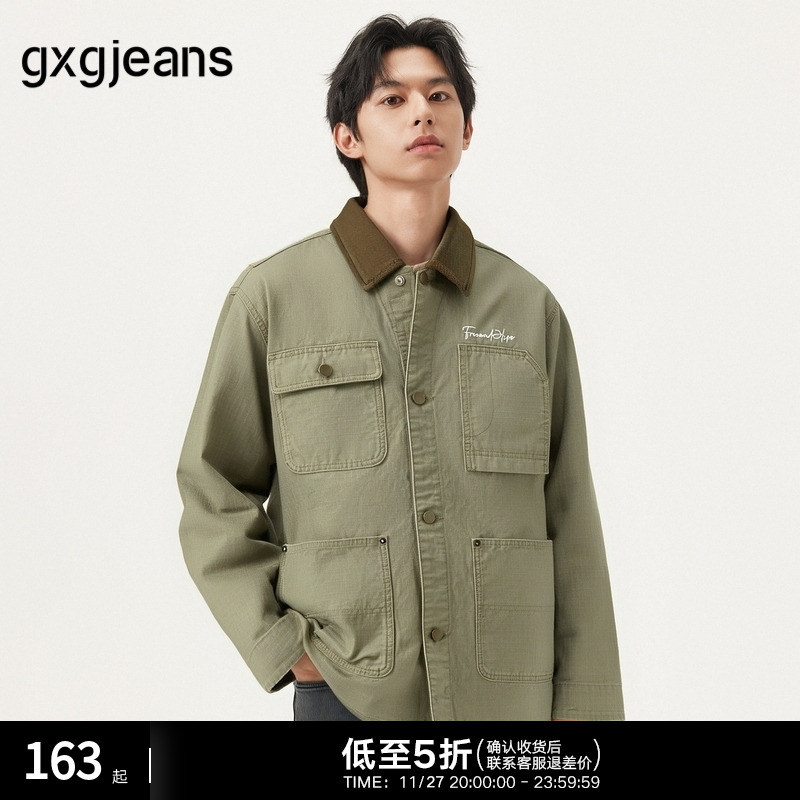 gxg.jeans男装 卡其色灯芯绒拼接巴恩风牛仔夹克外套男 25春新品