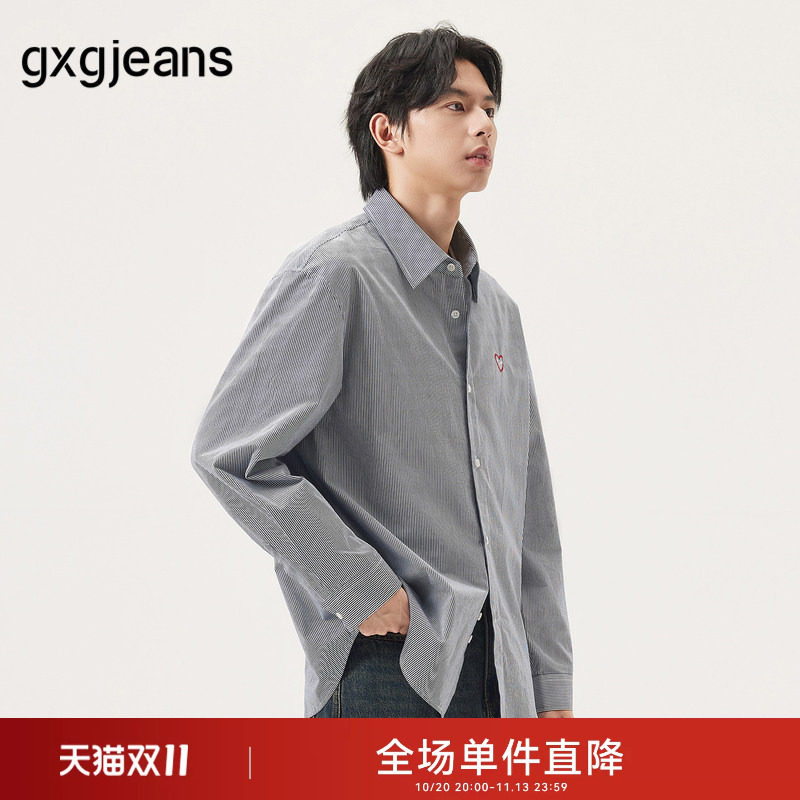 gxg.jeans男装 藏青条纹绣花宽松纯棉长袖衬衫外套 25年秋新品