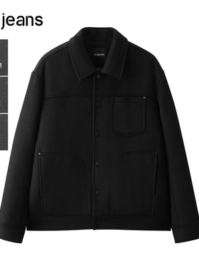 gxg.jeans男装 黑色简约基础宽松羽绒呢外套短款大衣 24年冬季