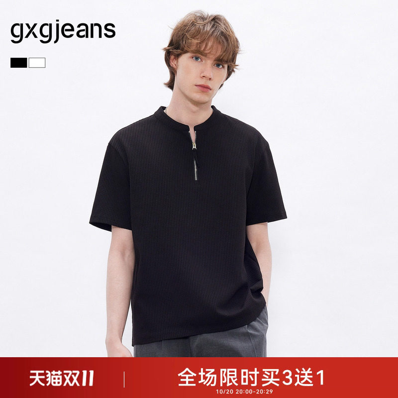 gxgjeans男装 黑色半拉链宽松华夫格休闲立领短袖t恤男26夏新品