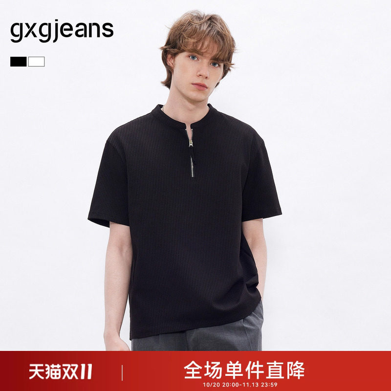 gxgjeans男装 黑色半拉链宽松华夫格休闲立领短袖t恤男26夏新品
