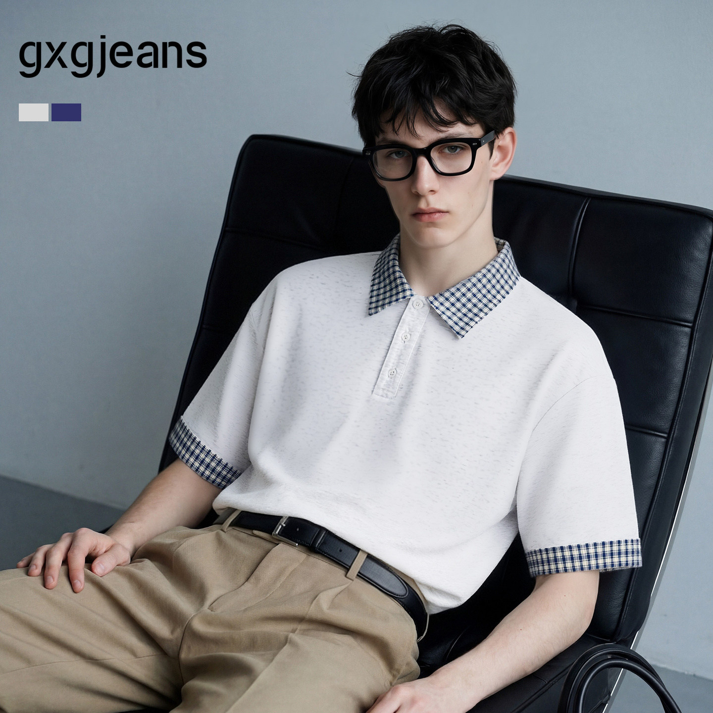 gxgjeans男装 撞色领口格纹拼接通勤翻领短袖polo衫男 26夏新品