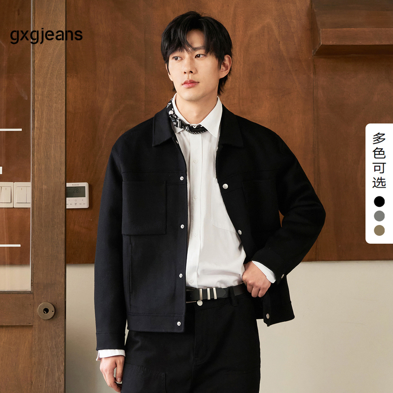 【3色可选】gxgjeans男装 2024年冬季新款黑色羊毛翻领呢夹克男