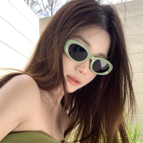 MELIYA椭圆绿色小框猫眼墨镜女款复古防紫外线时尚折叠太阳眼镜潮