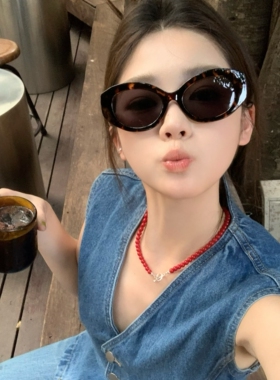 MELIYA欧美粗边框椭圆形猫眼复古时髦大框豹纹墨镜太阳眼镜显脸小