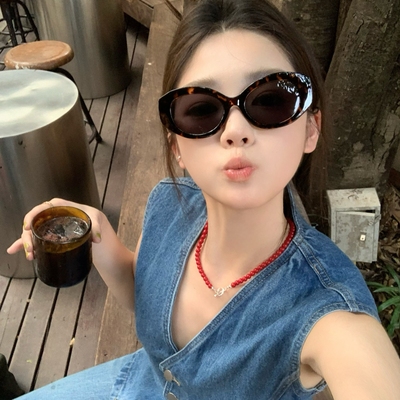 MELIYA欧美粗边框椭圆形猫眼复古时髦大框豹纹墨镜太阳眼镜显脸小