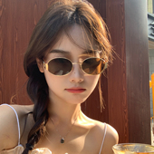 MELIYA欧美辣妹lisa同款 金属猫眼墨镜防晒太阳镜茶色椭圆形眼镜潮