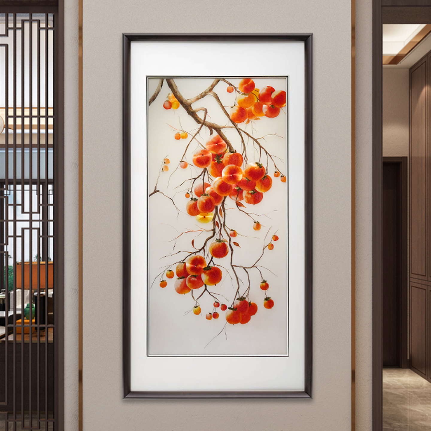 苏绣挂画新中式事事如意柿子纯手工刺绣画客厅玄关背景高档装饰画图片