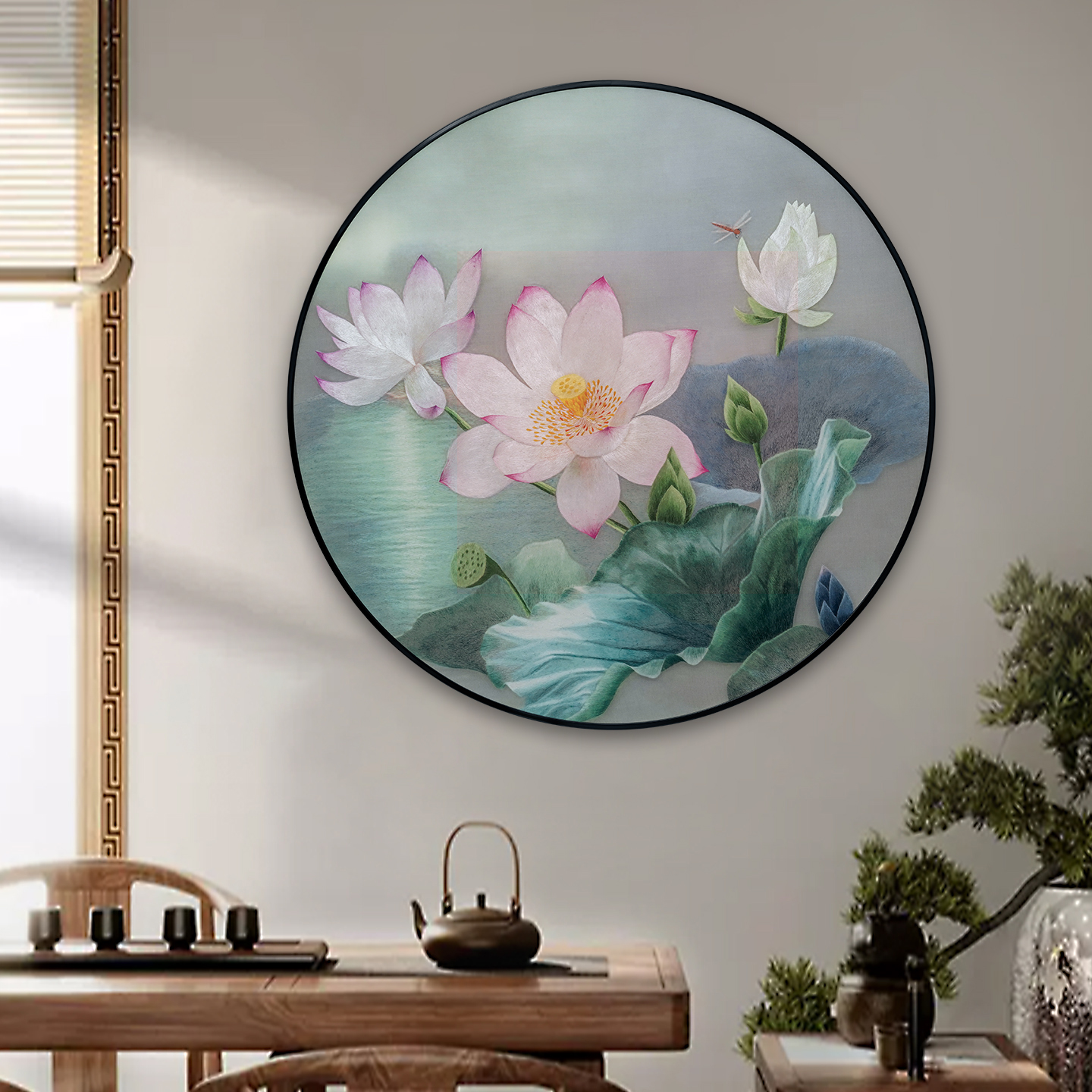 苏绣玄关挂画荷花圆莲纯手工刺绣新中式餐厅书房过道背景墙装饰画图片