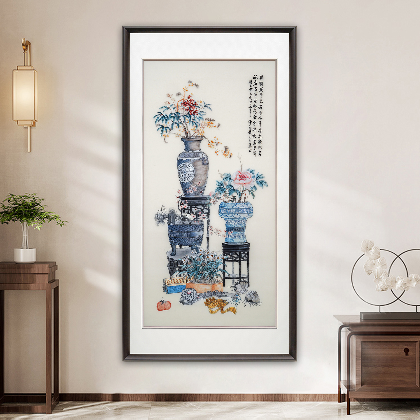 苏绣中式纯手工刺绣岁朝清供字画客厅背景墙书房餐厅玄关装饰挂画