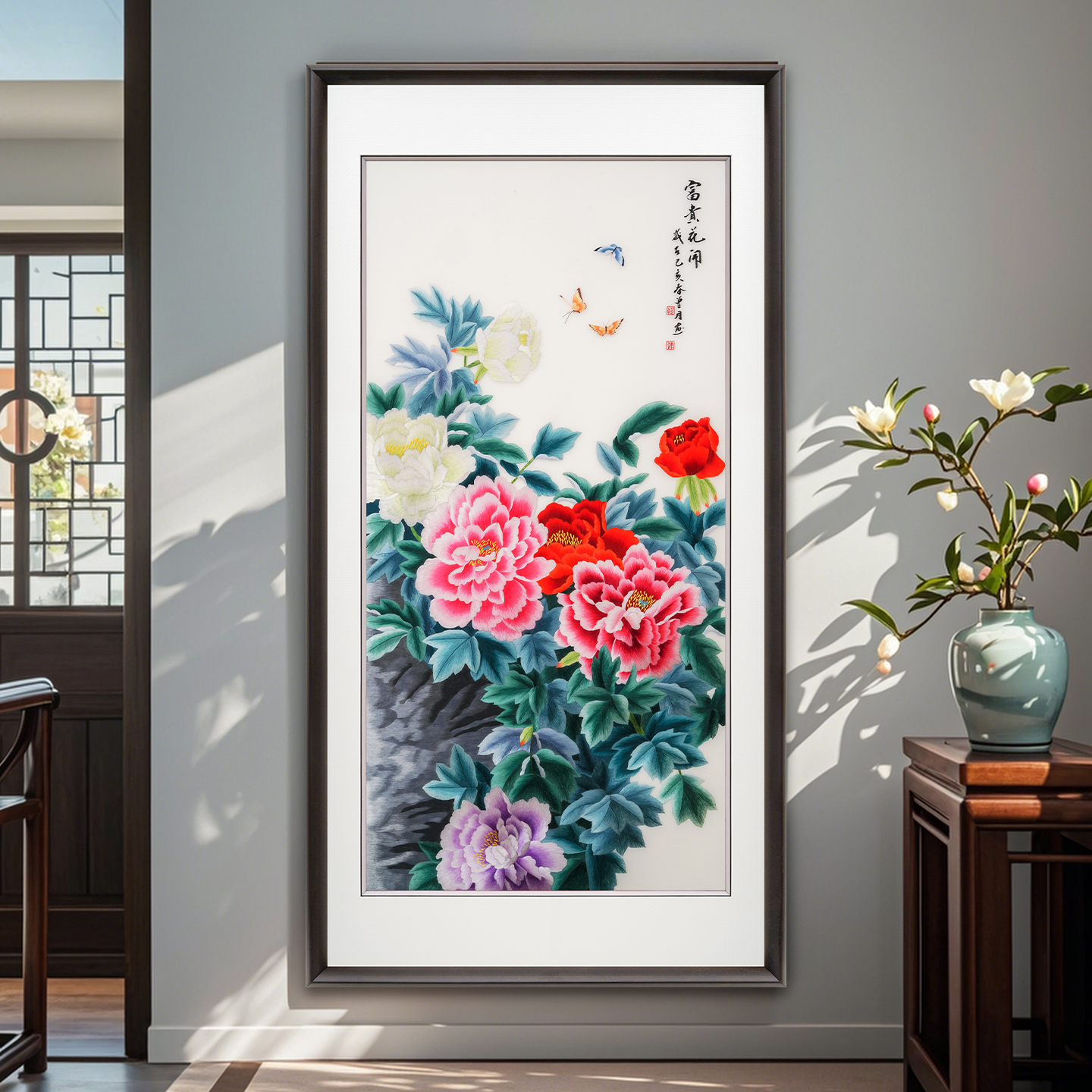 苏绣新中式牡丹刺绣装饰画富贵花开客厅背景墙书房餐厅玄关挂画图片