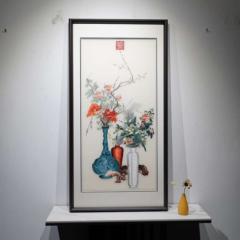 苏绣精品客厅挂画静物花卉花瓶纯手工蚕丝线刺绣新中式书房装饰画图片