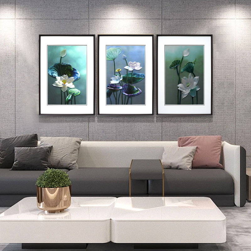 苏绣精品刺绣现代新中式纯手工荷花三联挂画客厅沙发背景书房装饰图片