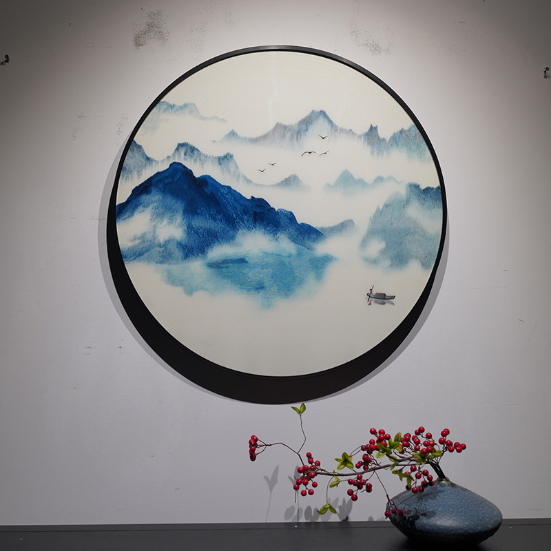 苏绣挂画现代轻奢蓝色山水纯手工刺绣画玄关过道走廊餐厅装饰画图片