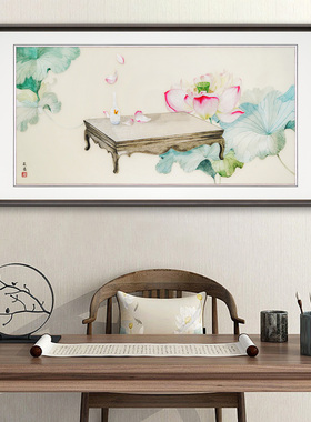 苏绣新中式清荷花刺绣挂画客厅办公室茶室装饰画植物花卉实木边框