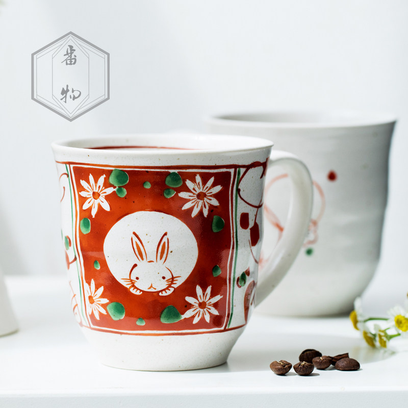 日本进口手作美浓烧月兔子咖啡杯对杯马克杯水杯茶杯咖啡杯礼盒装