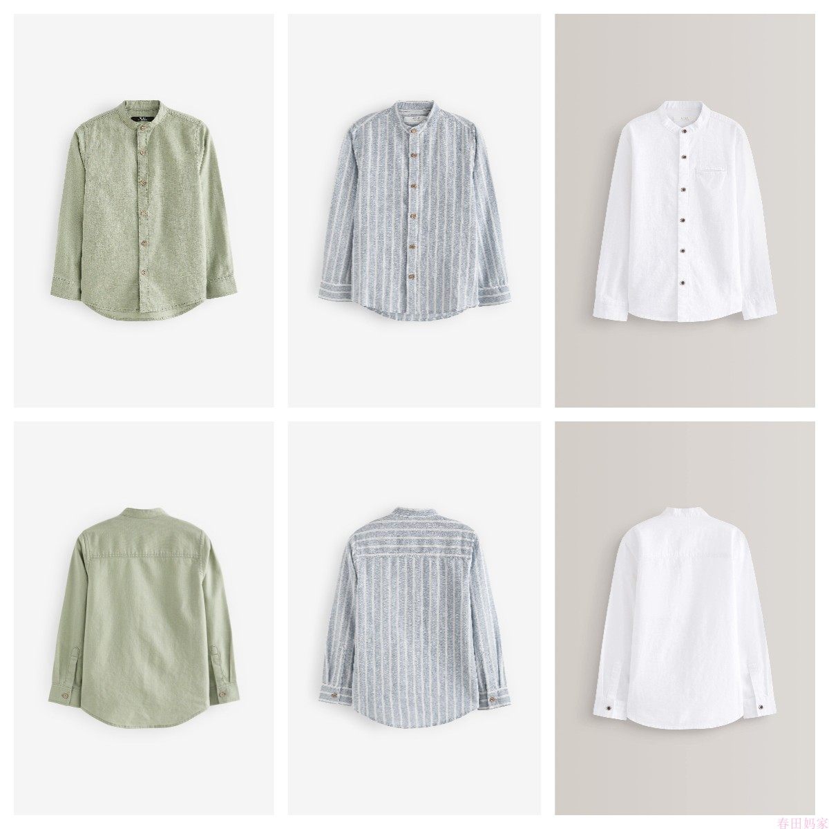 英国next亲子装24秋新男童大男孩灰色条纹祖父领上袖立领衬衫上衣