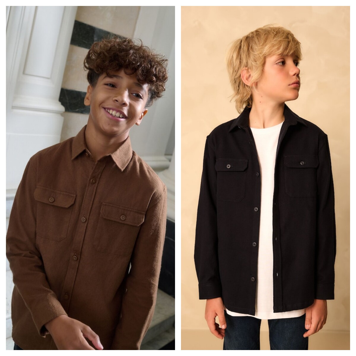 英国next亲子装 25秋新男童大男孩纯色口袋磨毛翻领长袖衬衫上衣