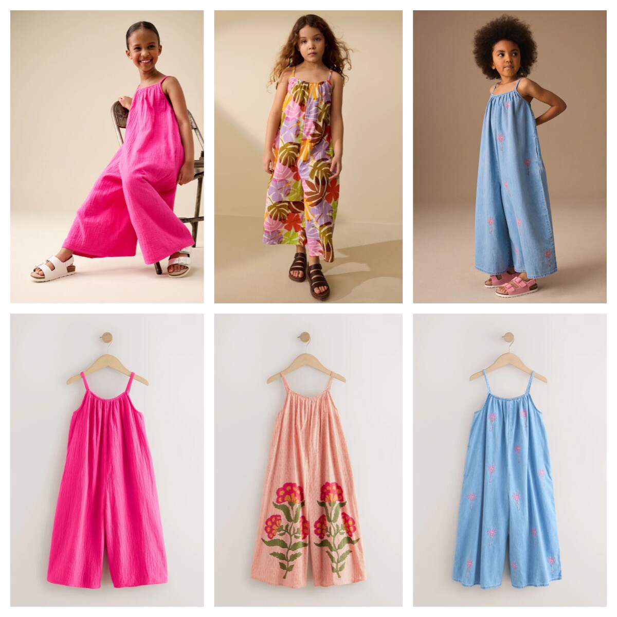 英国NEXT亲子装 25夏新女童大女孩度假风花卉印花吊带阔腿连身裤