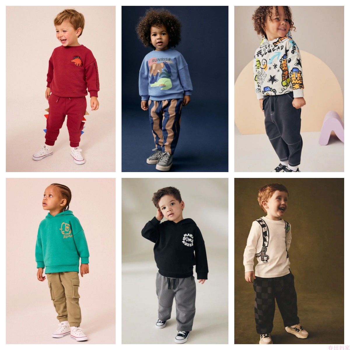 英国NEXT童装 25春新男童男宝宝鳄鱼恐龙卡通薄绒卫衣+运动裤套装