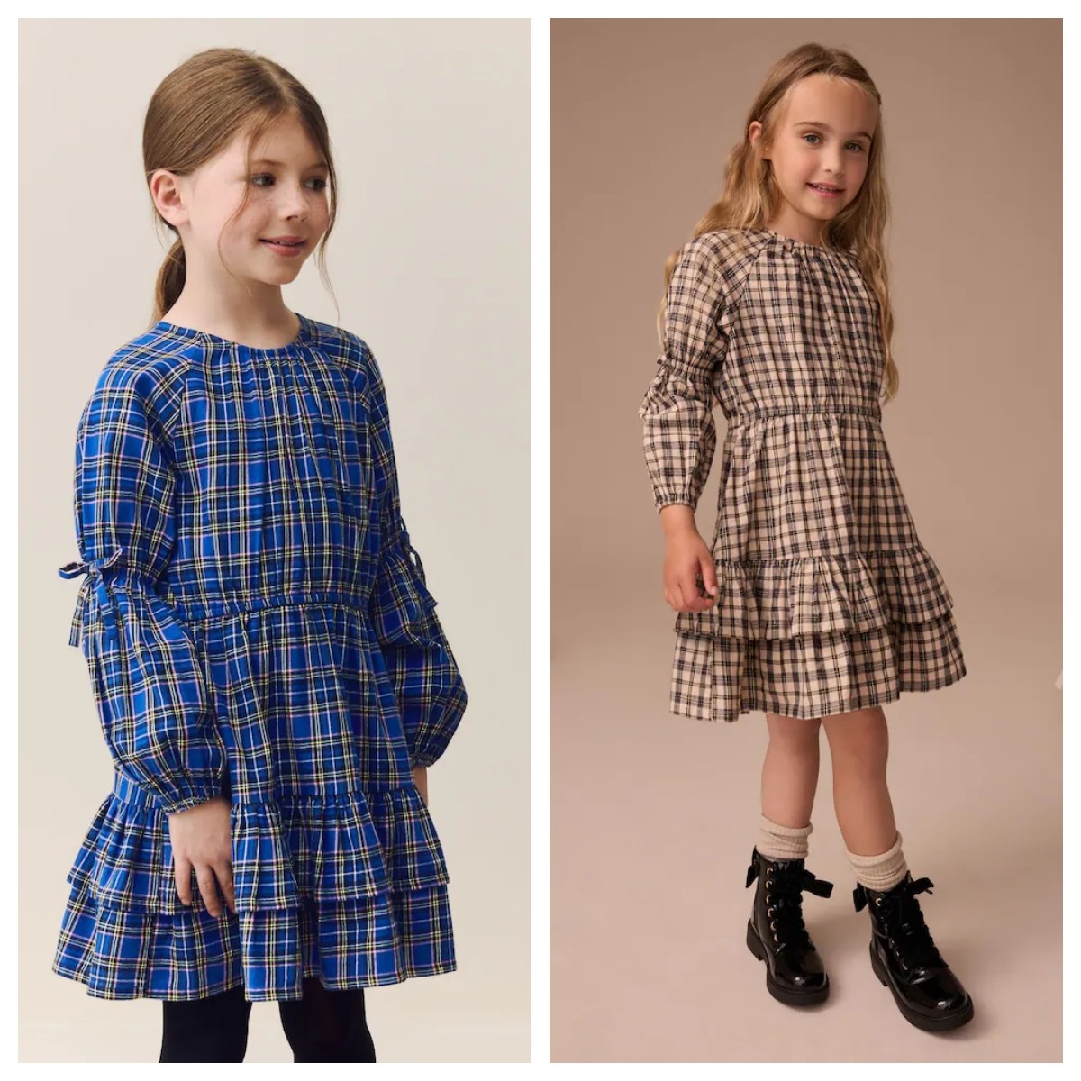 英国NEXT亲子装26春新女童大女孩方格印花蝴蝶结收腰多层次连衣裙