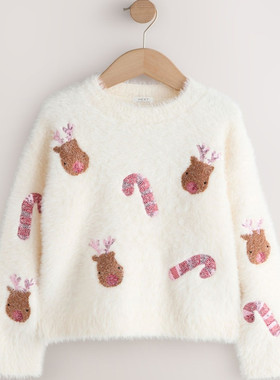 英国next亲子装 26春女童大女孩白色驯鹿亮片印花套头针织衫 毛衣