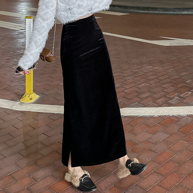金丝绒半身裙女黑色长裙2025新款秋冬季高腰显瘦垂感开 叉直筒裙,个性定制/设计服务/DIY,棉服工装,淘宝优惠券,粉丝福利购,淘宝优惠卷