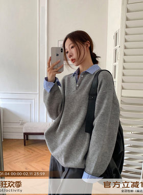 Vs what「慢时光」假两件套头针织衫春秋新款宽松polo衬衫领毛衣