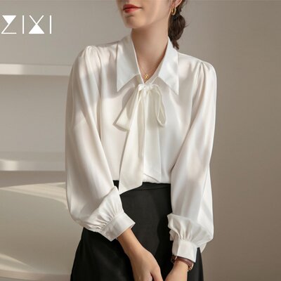雪纺蝴蝶结衬衫女秋季长袖职业正装面试OL白色衬衣灯笼袖上衣通勤