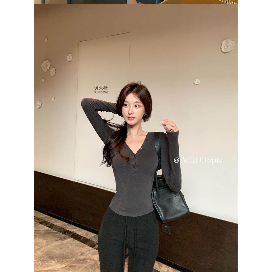 ACHI大也池灰色v领针织打底衫女基础百塔显瘦长袖t恤修身内搭上衣,个性定制/设计服务/DIY,棉服工装,淘宝优惠券,粉丝福利购,淘宝优惠卷