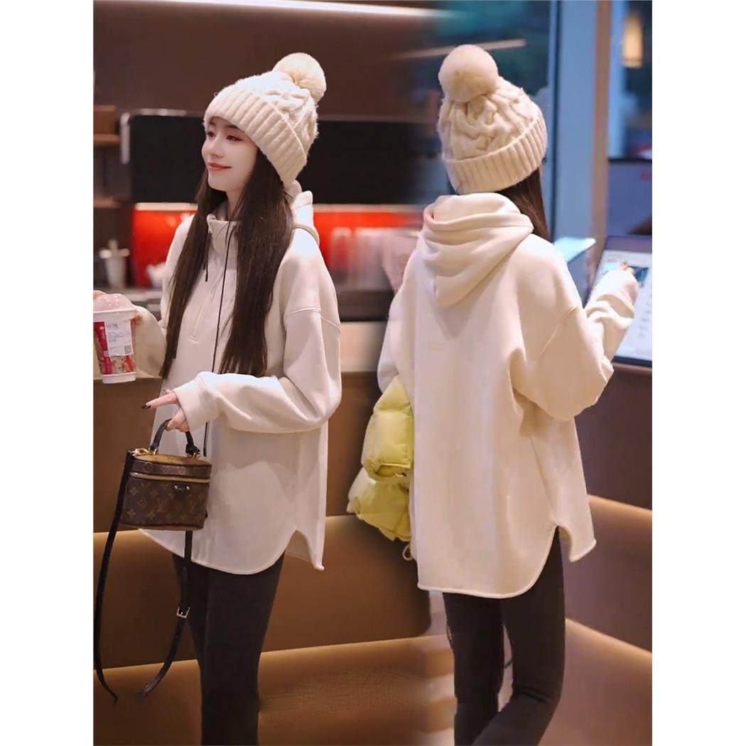 小个子韩版连帽加绒加厚中长款卫衣外套女休闲宽松时尚打底衫上衣