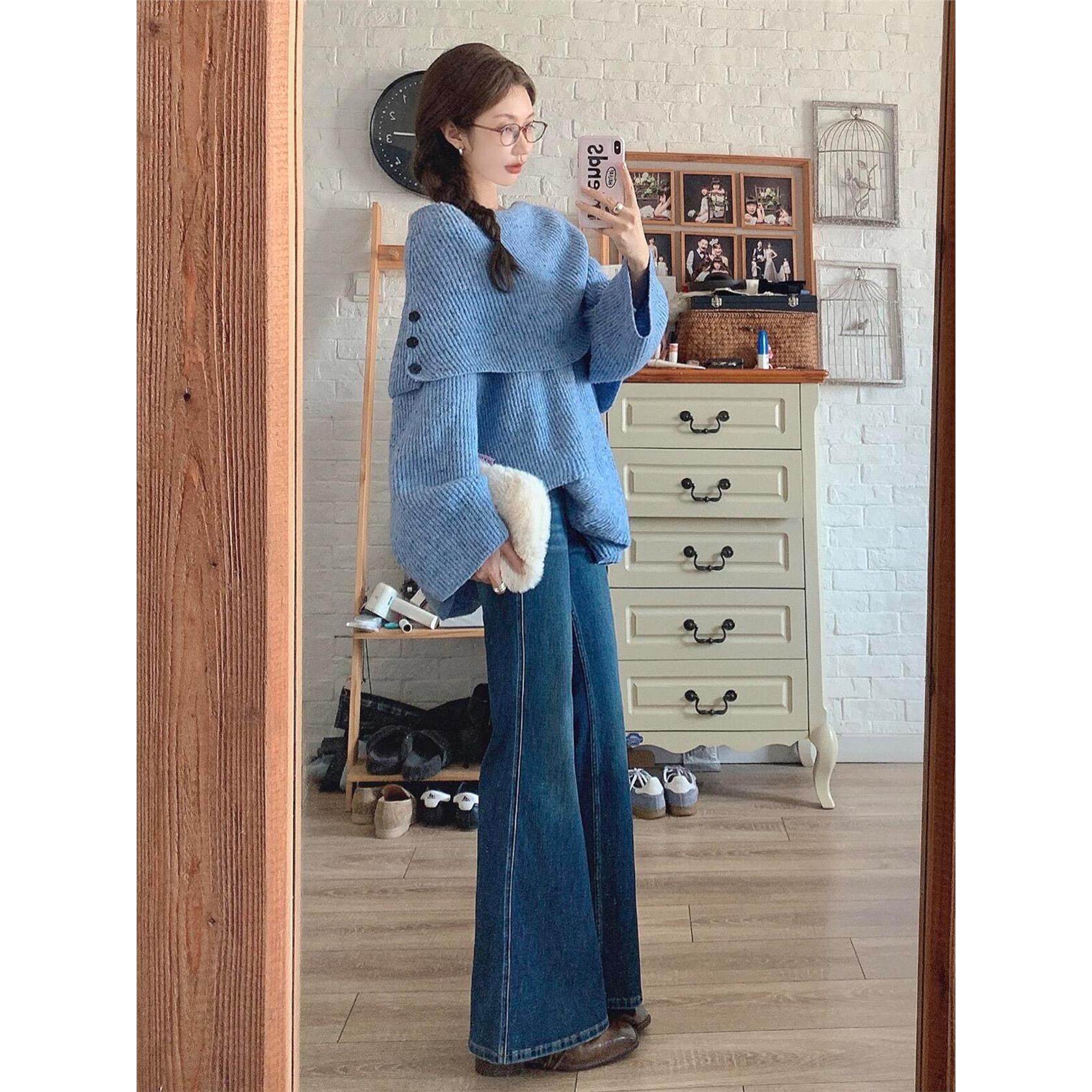 蓝色一字肩针织衫毛衣女秋冬季2025新款慵懒高级感巨好看宽松上衣,个性定制/设计服务/DIY,棉服工装,淘宝优惠券,粉丝福利购,淘宝优惠卷