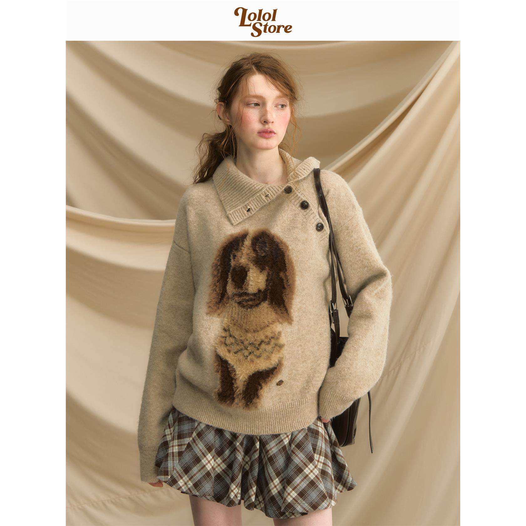 LOLOL「早安小腊肠」套头毛衣女秋小狗覆古宽松慵懒风外穿针织衫,个性定制/设计服务/DIY,棉服工装,淘宝优惠券,粉丝福利购,淘宝优惠卷