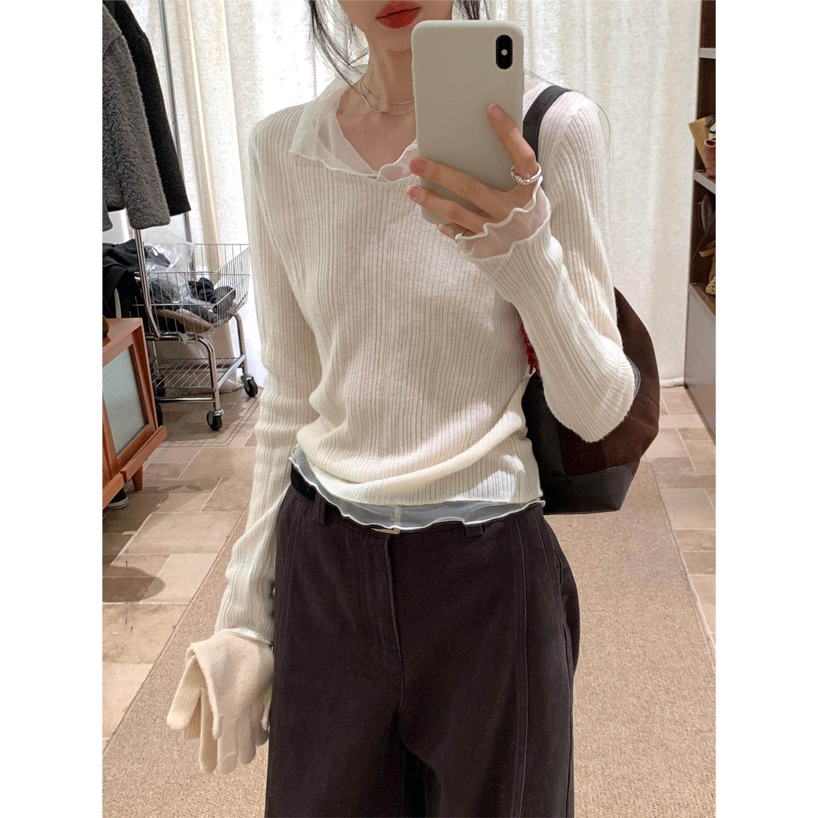 韩系白色网纱拼接V领长袖针织衫女秋冬修身短款内搭独特漂亮上衣,个性定制/设计服务/DIY,棉服工装,淘宝优惠券,粉丝福利购,淘宝优惠卷