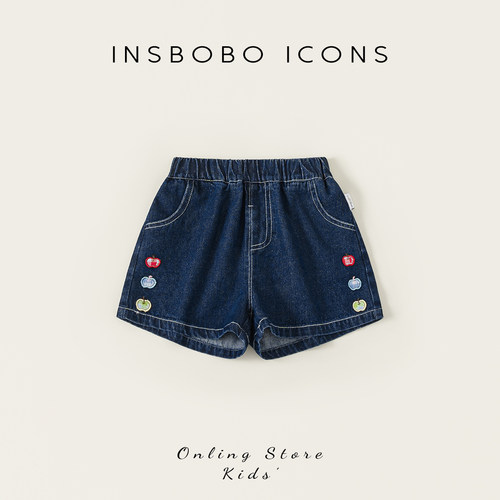 INSbobo裤边可爱绣标牛仔短裤