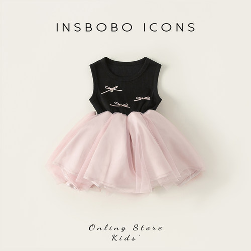 INSbobo蝴蝶结装饰下摆网纱裙
