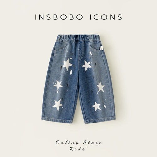 INSbobo松紧腰手绘牛仔裤
