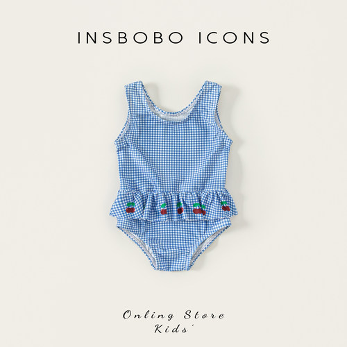 INSbobo格子印花荷叶边连体泳衣