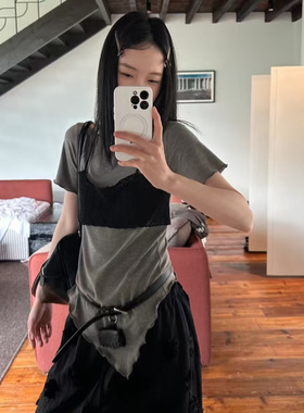 夏款推荐-Rosy Oasis韩版小清新假两件挂脖系带荷叶边短袖T 5S392