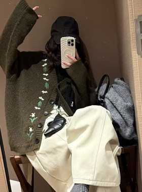 重工刺绣花朵羊毛针织开衫一秋冬百搭打底外穿毛衣时髦花朵女9335